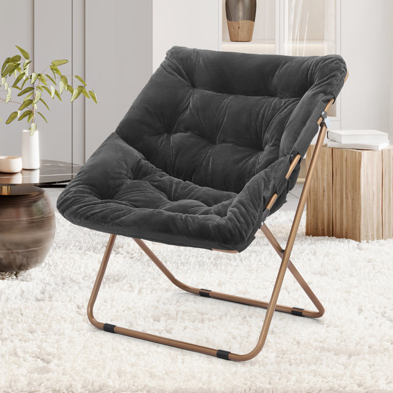 Etonya Folding Square Saucer Lazy Accent Chair with Golden Metal Frame Black Synthetic Fur
